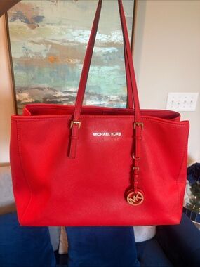Michael Kors OrangeRed Saffiano Tote with Gold Hardware